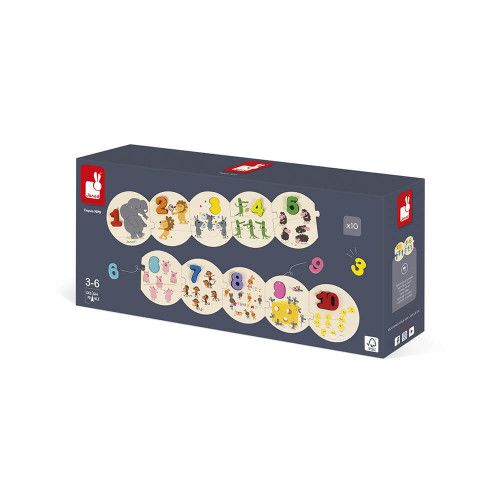 Puzzle J'apprends à compter en bois et carton, chiffres, nombres, éducatif, motricité, pour enfant à partir de 3 ans JANOD