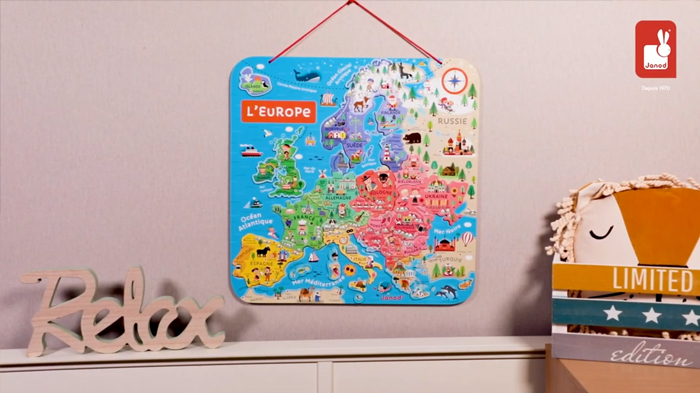 Puzzle carte d'Europe magnétique Janod - Enfant 7 ans et plus - 40 magnets  en bois - Illustré - Bleu